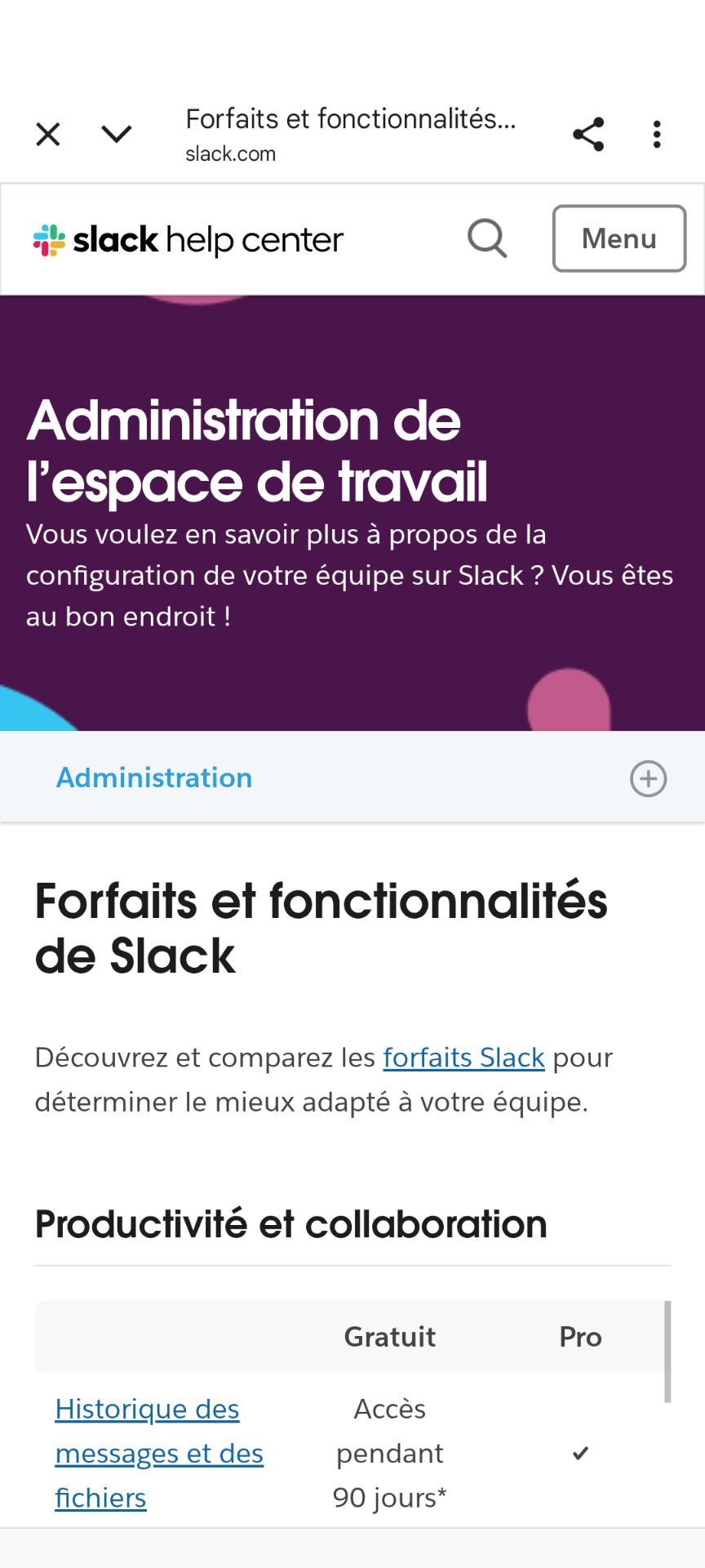 Slack — page d’aide avec tableau comparatif