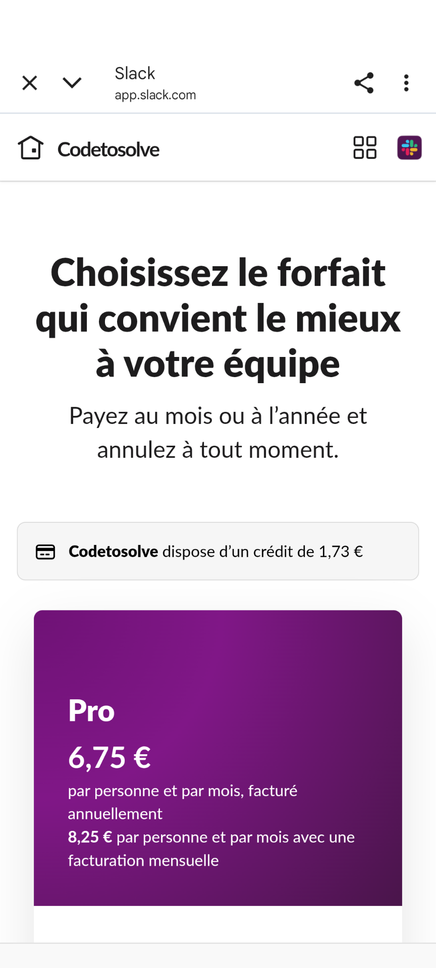 Slack — page de souscription web